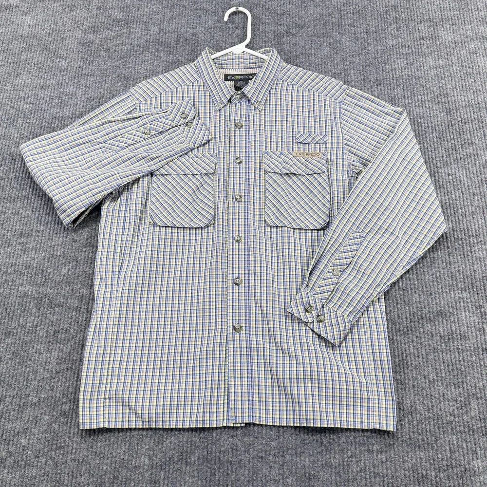 ExOfficio Shirt Mens Medium Blue Plaid Vented Back Fishing Button Up Travel